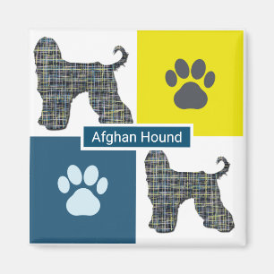 Afghan Hound Dog & Paw Yellow & Blue Grid Magnet