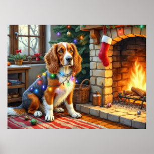 Afghan Hound Fireplace with Christmas Lights Poster