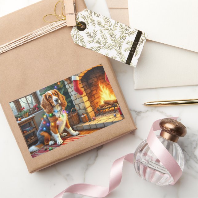 Afghan Hound Fireplace with Christmas Lights Rectangular Sticker (Gifting)