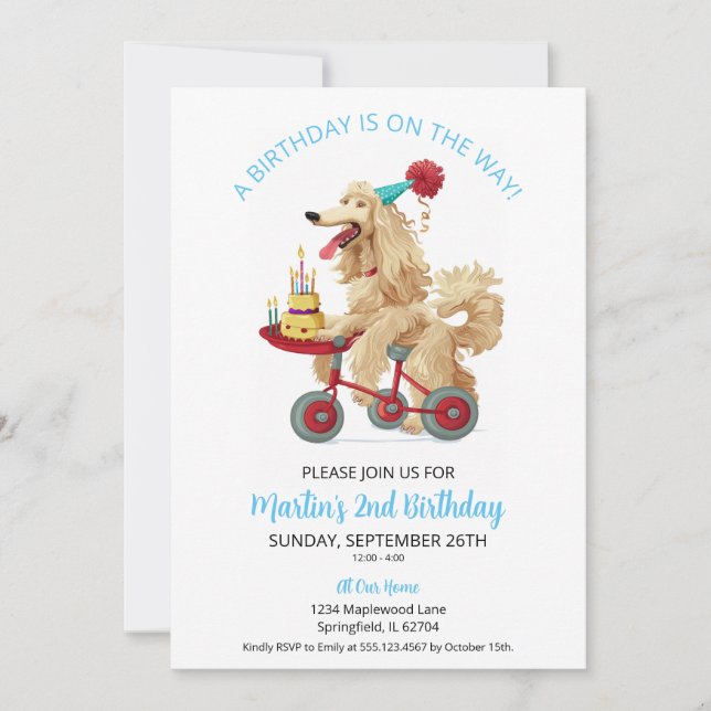 Afghan Hound on Bike with Cake 2nd Birthday Party Invitation (Front)