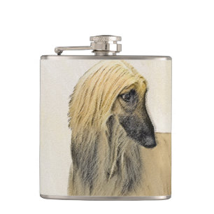 Afghan Hound Painting - Cute Original Dog Art Hip Flask