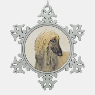 Afghan Hound Painting - Cute Original Dog Art Snowflake Pewter Christmas Ornament