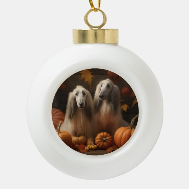 afghan hound Puppy Autumn Delight Pumpkin Ceramic Ball Christmas Ornament (Front)