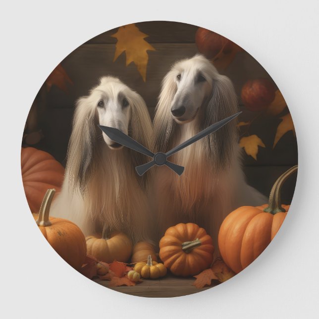 afghan hound Puppy Autumn Delight Pumpkin Large Clock (Front)