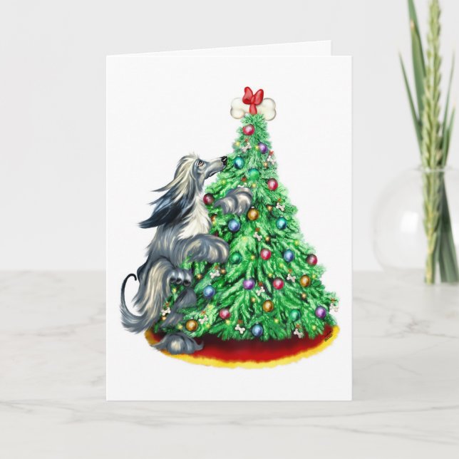 Afghan Hound Reach Goals Blue Holiday Card (Front)