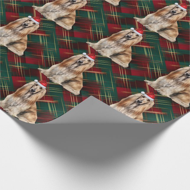 Afghan Hound Santa Dog Holiday Plaid Christmas Wrapping Paper (Corner)