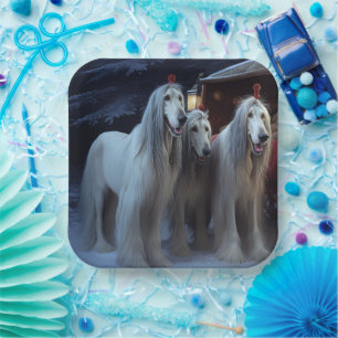 Afghan Hound Snowy Sleigh Ride Christmas Decor Paper Plate