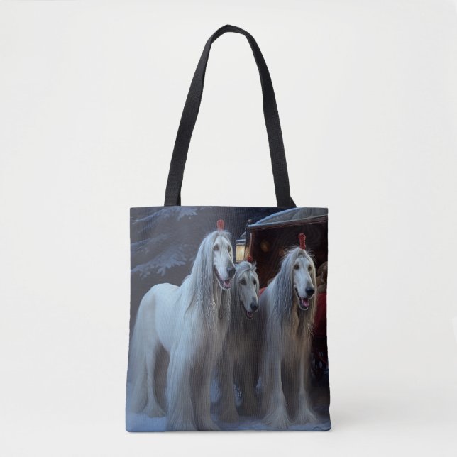 Afghan Hound Snowy Sleigh Ride Christmas Decor Tote Bag (Front)