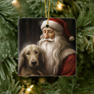 Afghan Hound with Santa Claus Festive Christmas Ceramic Ornament