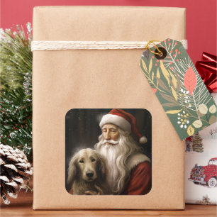 Afghan Hound with Santa Claus Festive Christmas Square Sticker