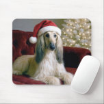 Afghan Hound With Santa Claus Hat Mouse Pad<br><div class="desc">A beautiful Afghan hound dog with long,  silky fur lounges on a red velvet couch,  wearing a festive Santa hat</div>