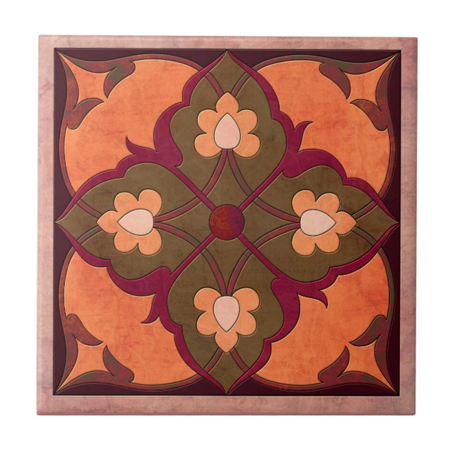 Afghani Pattern in Coral, Magenta and Olive Green Tile (Front)