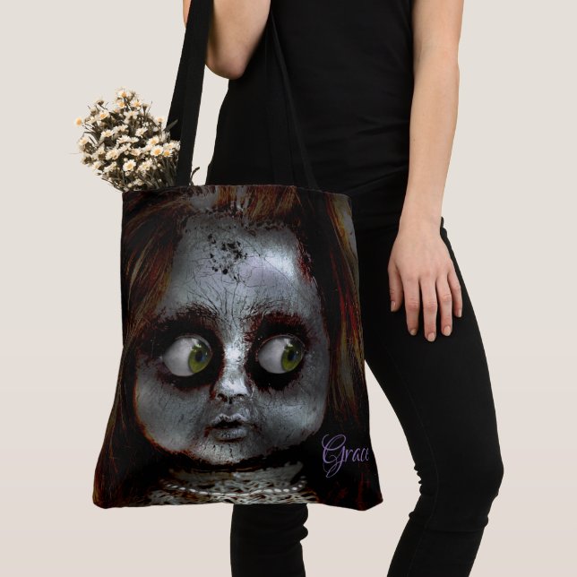 Afraid Doll Scary Halloween Monogram Tote Bag (Close Up)