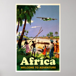Africa, African tribe looking at coming airplane Poster