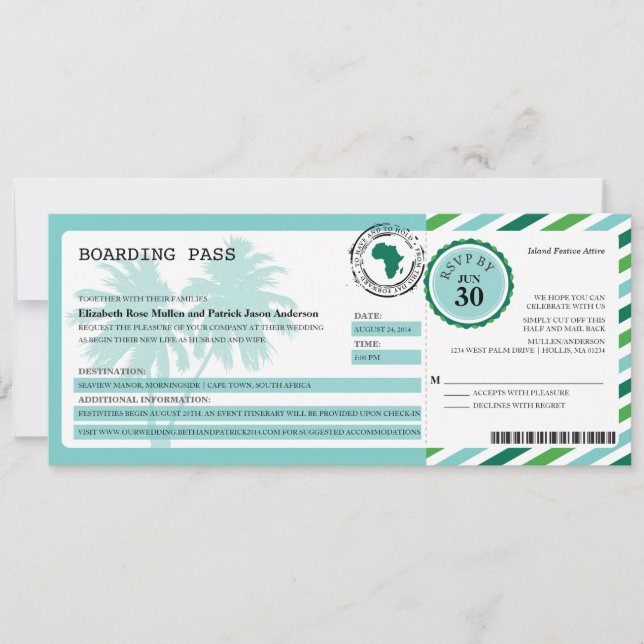 Africa Airmail Boarding Pass Wedding Invitation (Front)