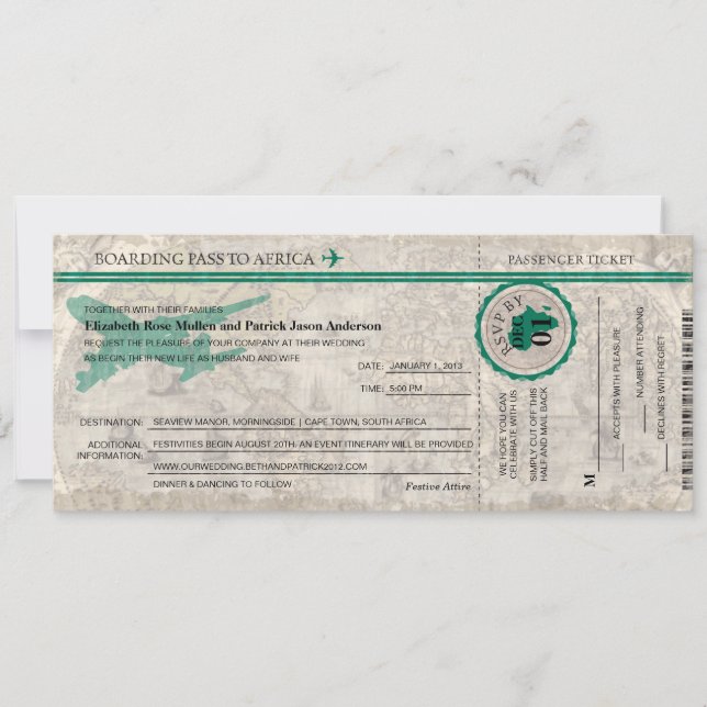 Africa Boarding Pass Wedding  Invitation (Front)