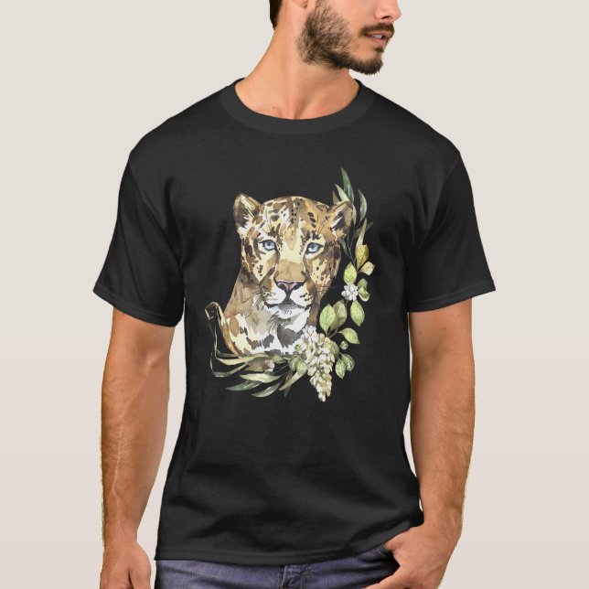 Africa Leopard I Big Cat I Wildflowers I Watercolo T-Shirt (Front)