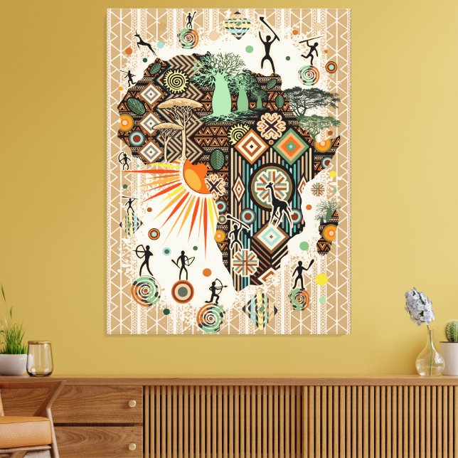 Africa Map Decorative Tribal Elements Pattern Canvas Print (Insitu(LivingRoom))