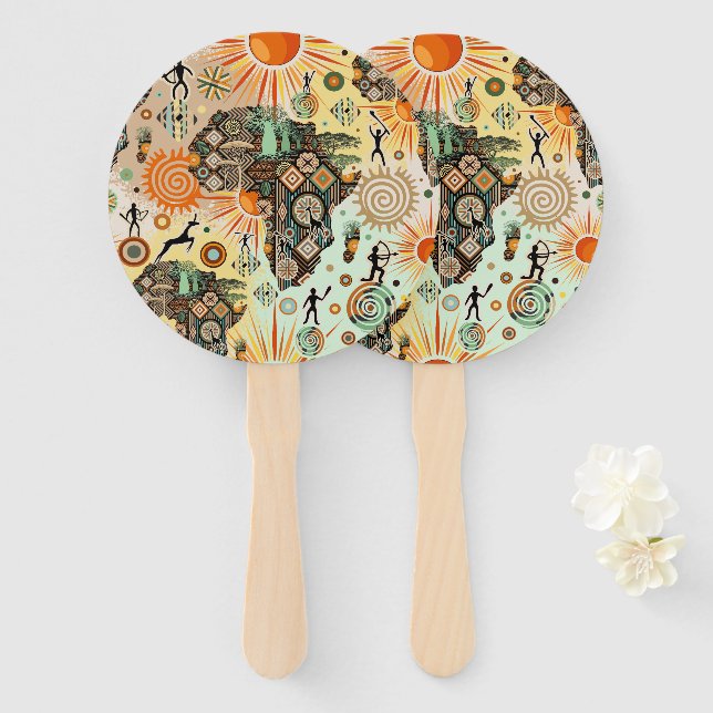 Africa Map Decorative Tribal Elements Pattern Hand Fan (Front and Back)