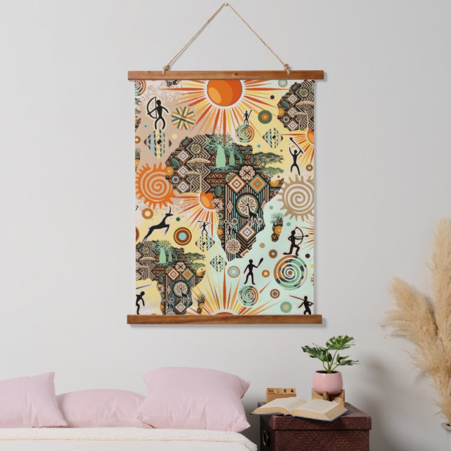Africa Map Decorative Tribal Elements Pattern Hanging Tapestry (Bedroom)