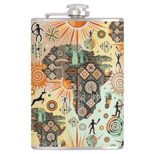 Africa Map Decorative Tribal Elements Pattern Hip Flask (Front)