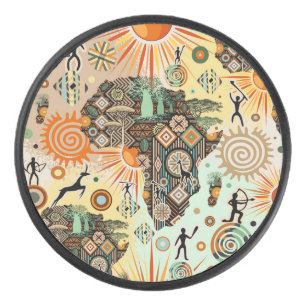 Africa Map Decorative Tribal Elements Pattern Hockey Puck
