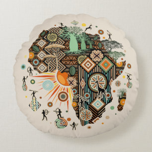Africa Map Decorative Tribal Elements Pattern Round Cushion