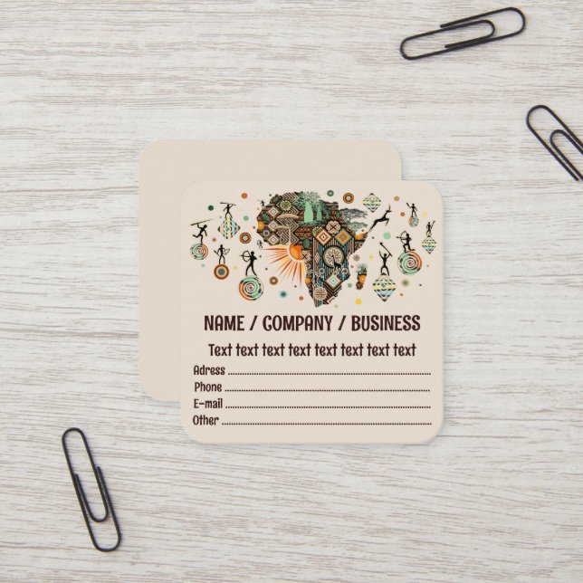 Africa Map Decorative Tribal Elements Pattern Square Business Card (Front/Back In Situ)