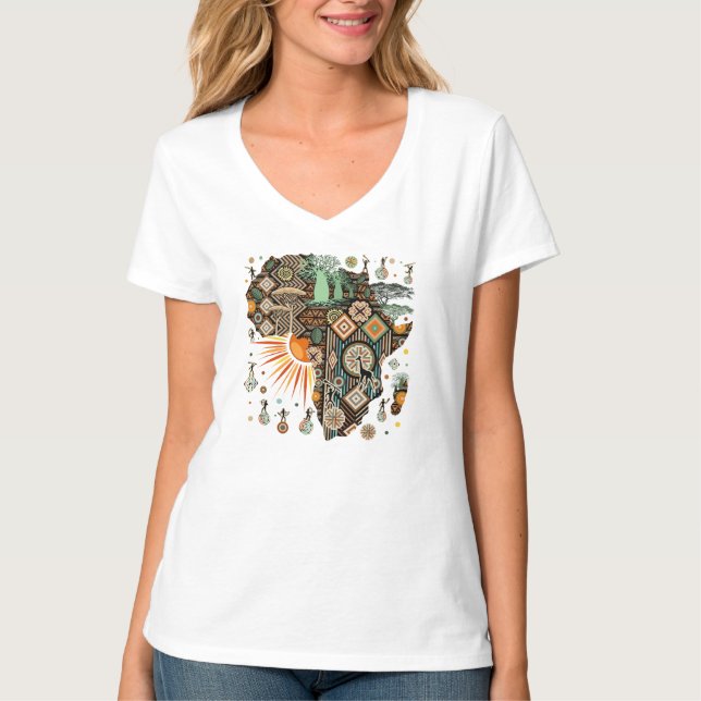 Africa Map Decorative Tribal Elements Pattern T-Shirt (Front)