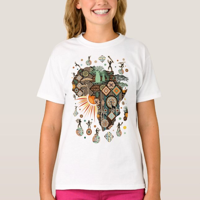 Africa Map Decorative Tribal Elements Pattern T-Shirt (Front)
