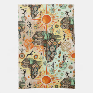 Africa Map Decorative Tribal Elements Pattern Tea Towel