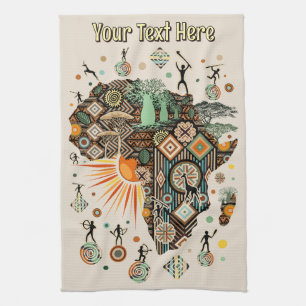 Africa Map Decorative Tribal Elements Pattern Tea Towel