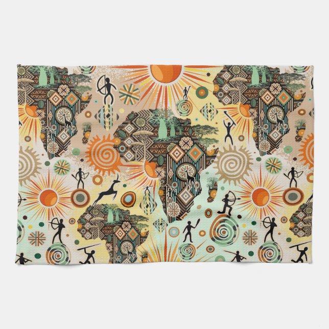 Africa Map Decorative Tribal Elements Pattern Tea Towel (Horizontal)