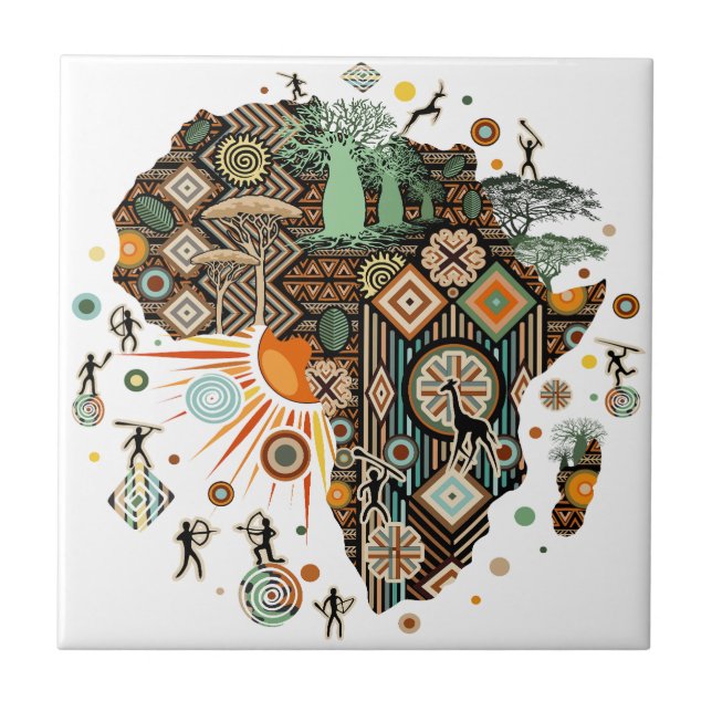 Africa Map Decorative Tribal Elements Pattern Tile (Front)