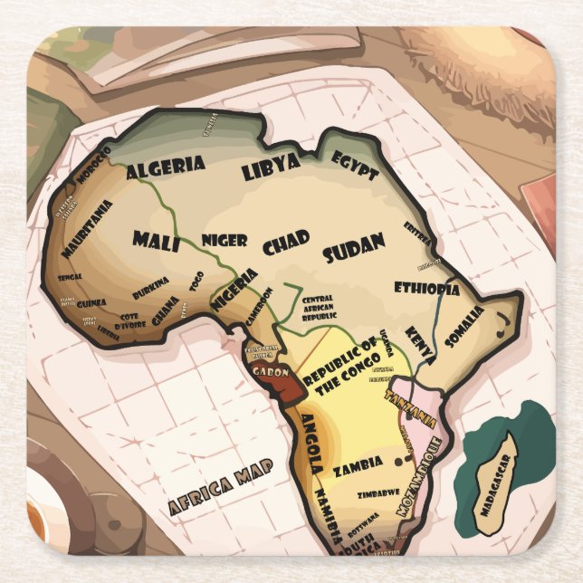 Africa Map Square Paper Coaster (Front)