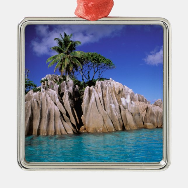 Africa, Seychelles, La Digue Island. Granite Metal Tree Decoration (Front)