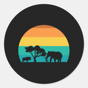 Africa Sunset With Elephant And Gnu Retro Classic Round Sticker
