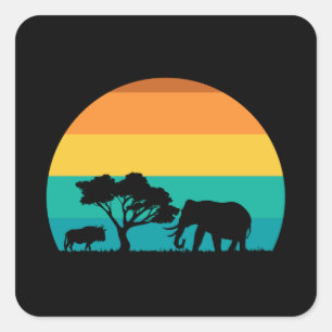 Africa Sunset With Elephant And Gnu Retro Square Sticker