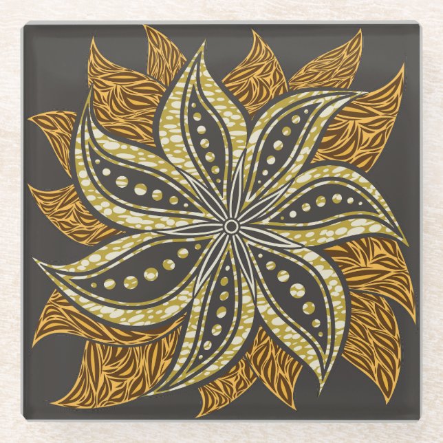 African Abstract Floral Batik Style Glass Coaster (Front)