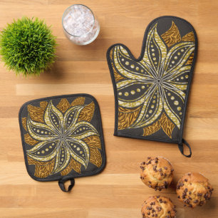 African Abstract Floral Batik Style Oven Mitt & Pot Holder Set