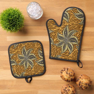 African Abstract Floral Batik Style Oven Mitt & Pot Holder Set