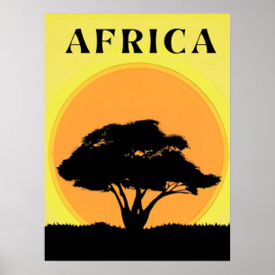 African Acacia Tree Against an Orange Sunset Poster