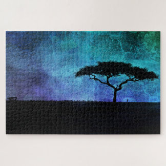 African Acacia Tree Landscape in Blue and Purple Jigsaw Puzzle