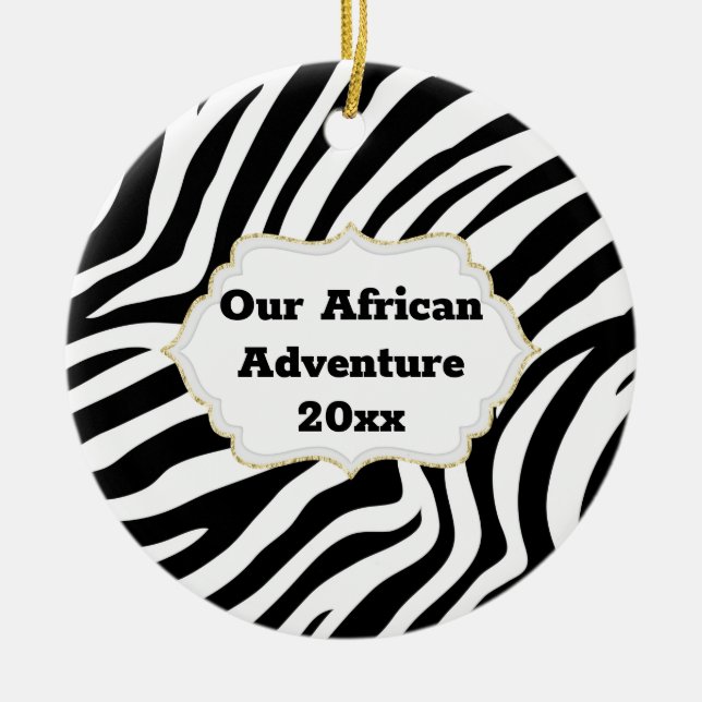 African adventure DIY photo year zebra stripes Ceramic Tree Decoration (Front)