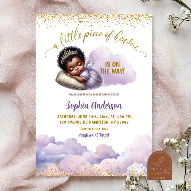 African Afro Girl Purple Little Angel Baby Shower Invitation (Creator Uploaded)