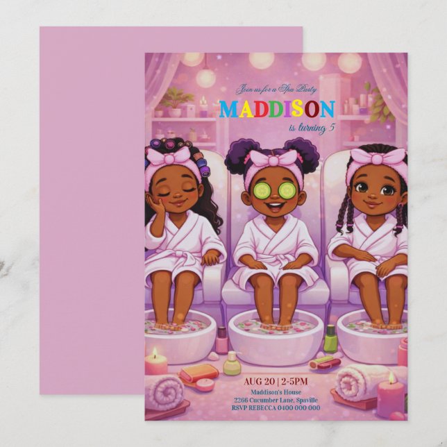 African American 3 Girls Spa party Birthday  Invitation (Front/Back)