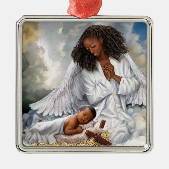 African American Angel and Baby Jesus  Metal Tree Decoration (Front)