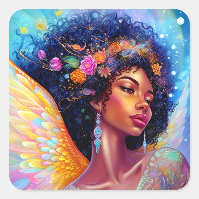 African American Angel Lady Fantasy Art Square Sticker (Front)
