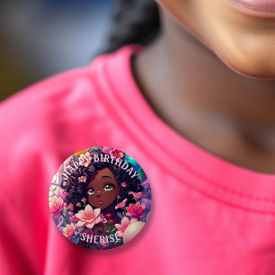 African-American Anime Birthday Girl Personalised  6 Cm Round Badge