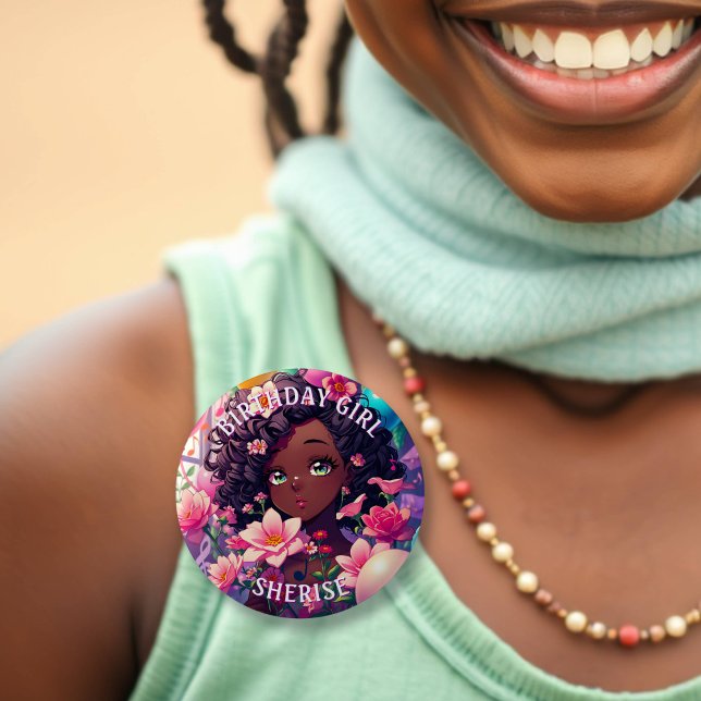 African-American Anime Birthday Girl Personalised  6 Cm Round Badge (Creator Uploaded)